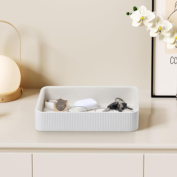 PU Leather Valet Tray Organizer, Modern Nightstand Organizer Bedside Desktop Storage for Womens and Men, Decorative Perfume Trinket Catchall Vanity Tray for Key Watch Wallet (White)