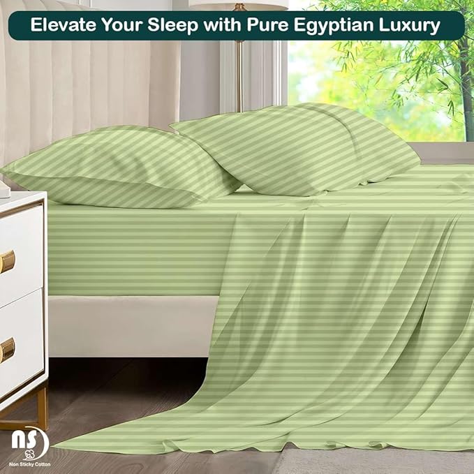 NON Sticky cotton Full Size Sleeper Sofa Sheets, 4 Piece Egyptian Cotton Bed Sheet Set for Sofa Bed, 10" Deep Pocket for Pull Out Couch Mattress, 54" x 75", Sage Stripe, Soft & Breathable