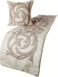 The HomeCentric Handmade Ivory & Beige King 90 x 18 inch Bed Runner with Matching Pillow Cover, Linen Lurex Applique Bed Scarf, Abstract Modern - Pretty Dainty