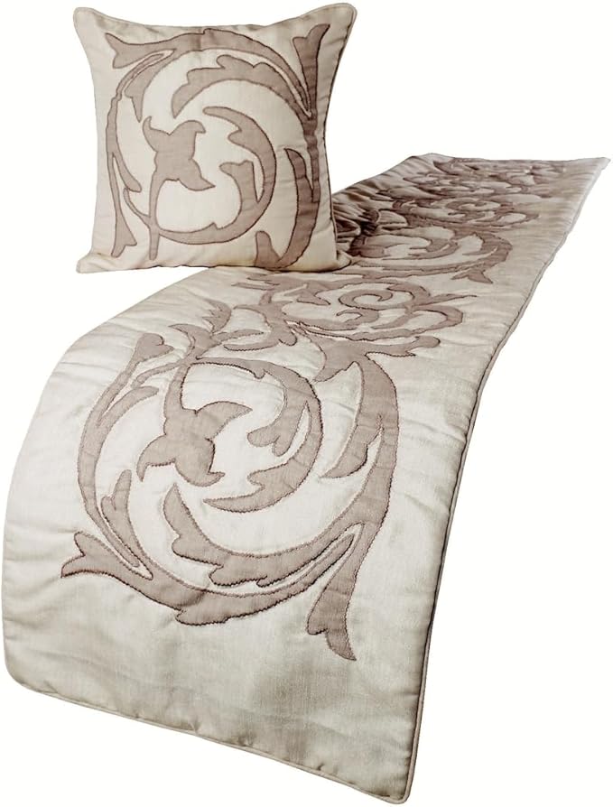 The HomeCentric Handmade Ivory & Beige King 90 x 18 inch Bed Runner with 2 Matching Pillow Cover, Linen Lurex Applique Bed Scarf, Abstract Modern - Pretty Dainty