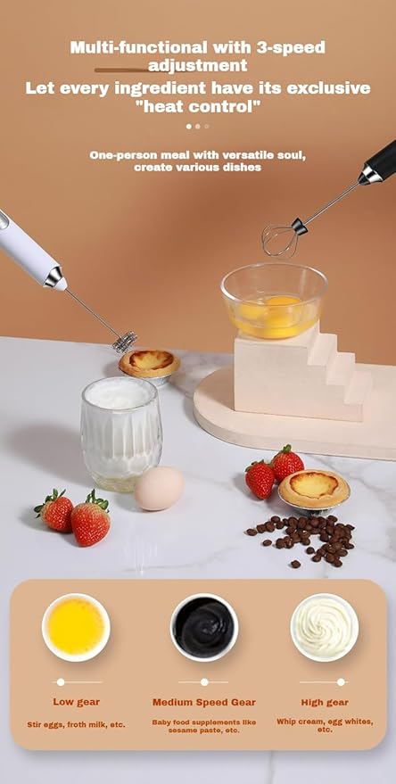 Milk Frother Handheld, Rechargeable Coffee Frother Wand with 2 Stainless Whisks 3 Speeds, Drink Mixer, Electric Foam Maker, Hand Mixer for Lattes, Cappuccino, Matcha, Egg,
