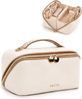 Prite Makeup Bag for Women Travel Waterproof Vegan Leather Cosmetic Bag Open Flat Toiletry Bag With Clear Divider and Handle (Beige, Medium)