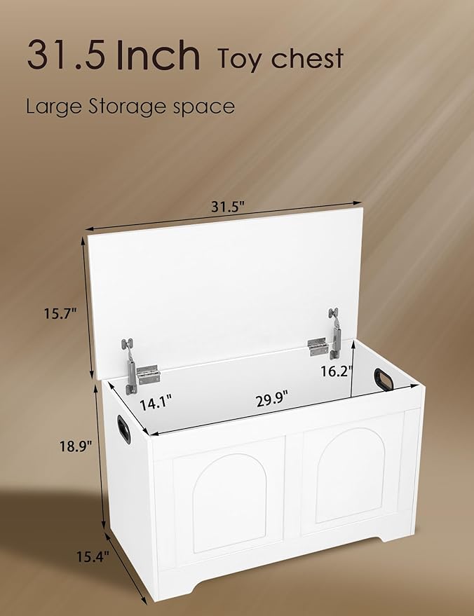 DINZI LVJ Storage Chest, 31.5”Wooden Toy Box with 2 Safety Hinges, Entryway Storage Bench with Flip-Top, Sturdy Storage Trunk for Living Room, Bedroom, Easy Assembly, White