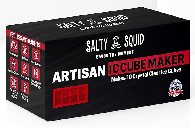 Salty Squid Clear Ice Cube Maker – 10 Large 2-Inch Cubes for Whiskey