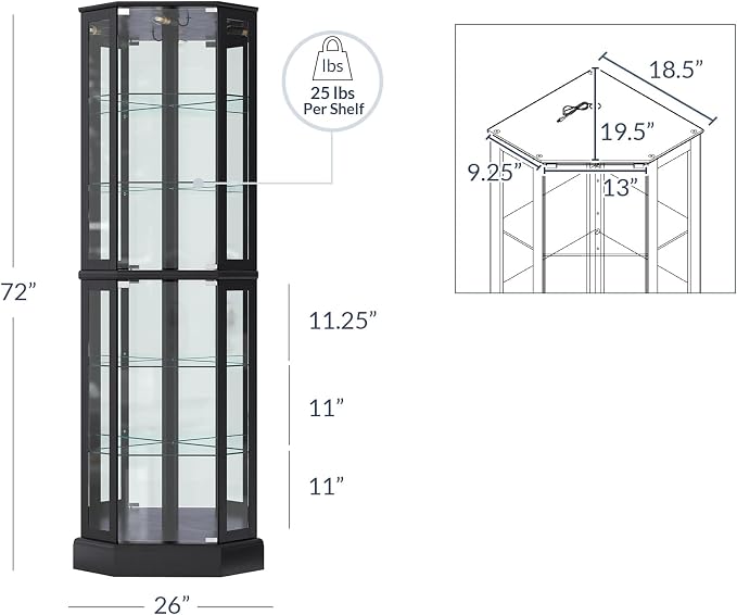 BELLEZE Lighted 3-Side Glass Display Curio Cabinet