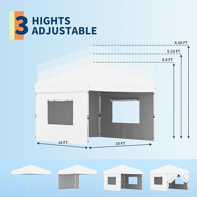 GarveeLife 10x10 Pop Up Canopy with 3 Sidewalls - Easy Up Camping Tent with One Button Push Setup - 1 Roller Bag, 3 Adjustable Height, 4 Weight Bags for Deck, Garden, Sports, Beach, Party - White