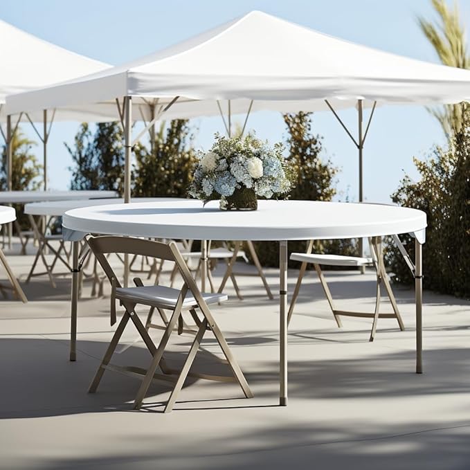 PRO&Family Commercial Round Folding Table, White Top, Powder-Coated Steel Frame, High-Impact Polyethylene Construction, Perfect for Wedding, Party, Shool, Church. (5, 72" Bi-Fold)