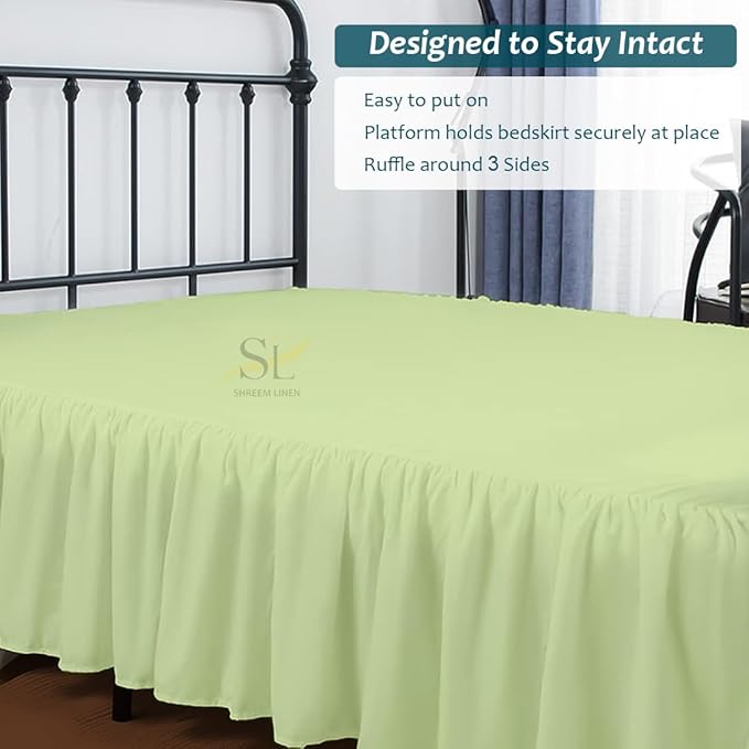 Shreem Linen Ruffled Bed Skirt with Split Corners, Gathered Style, 100% Microfiber, 16-Inch Drop, Dust Ruffle Bedskirt with Platform, Queen-XL, Sage