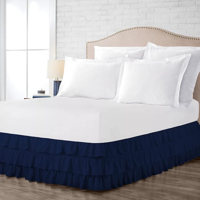 Multi-Ruffle Bed Skirt, Soft Multi Elastic Dust Ruffles with Wrap Around Bed Skirt Easy Fit with 18 Inch Drop 100% Cotton 800 Thread Count (Full XXL, Navy Blue)
