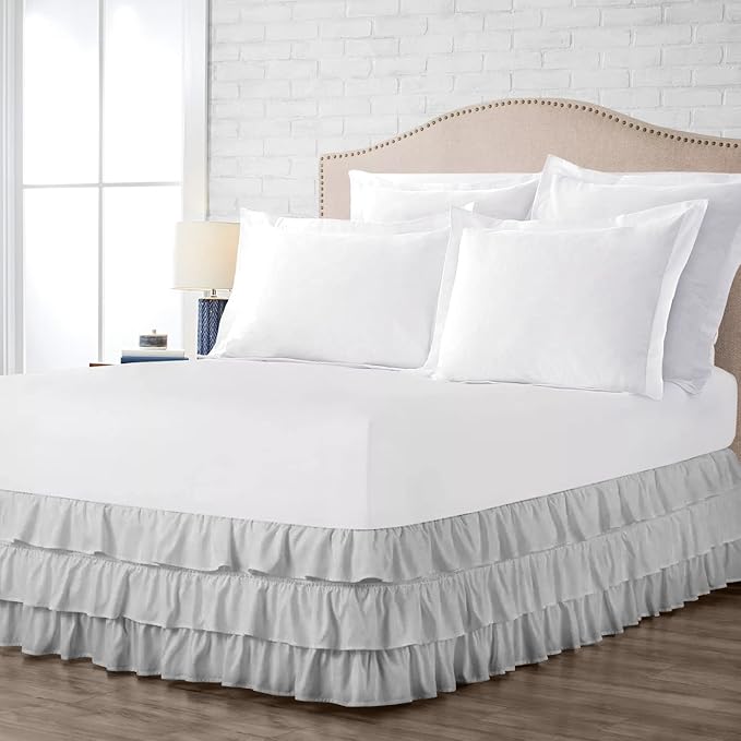 Multi-Ruffle Bed Skirt, Soft Multi Ruffle Bed Skirt Elastic Dust Ruffles with Wrap Around Bed Skirt Easy Fit with 18 Inch Drop 100% Cotton 800 Thread Count Bed Skirt (RV King, Light Grey)