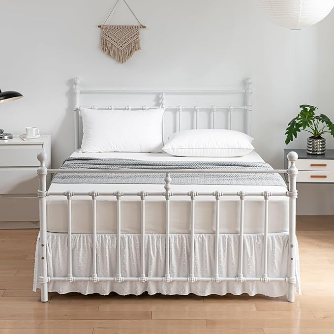 Tufted Dot Bed Skirt Full Size Ruffled Bed Skirt with Split Corners, 12 Inch Drop Dust Ruffle Bed Skirts with Platform, White