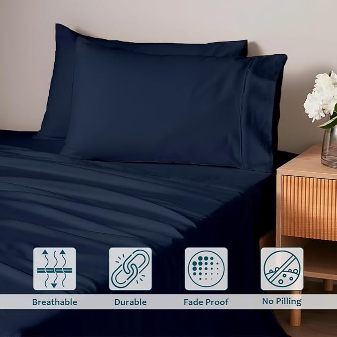 Deep Pocket King Sheets Set - Luxury 338 Thread Count Sateen, 100% Cotton Sheets with All Around Elastic for a, Hotel Quality Bedding Set (Navy Blue Solid)