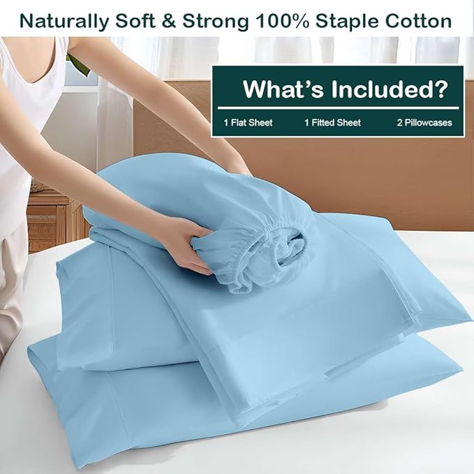 NON Sticky cotton Full Size Sleeper Sofa Sheets, 4 Piece Egyptian Cotton Bed Sheet Set for Sofa Bed, 10" Deep Pocket for Pull Out Couch Mattress, 54" x 75", Light Blue Solid, Soft & Breathable