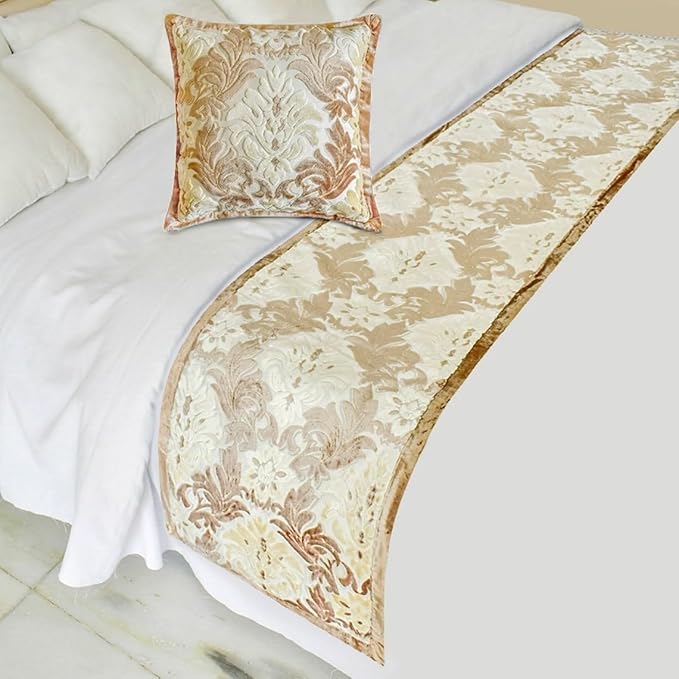 The HomeCentric King/Queen/Twin Beige Decorative CA King 86"x18" Bed Runner Without Pillow Cover, Damask Bed Scarf on Velvet Fabric - Emmeline