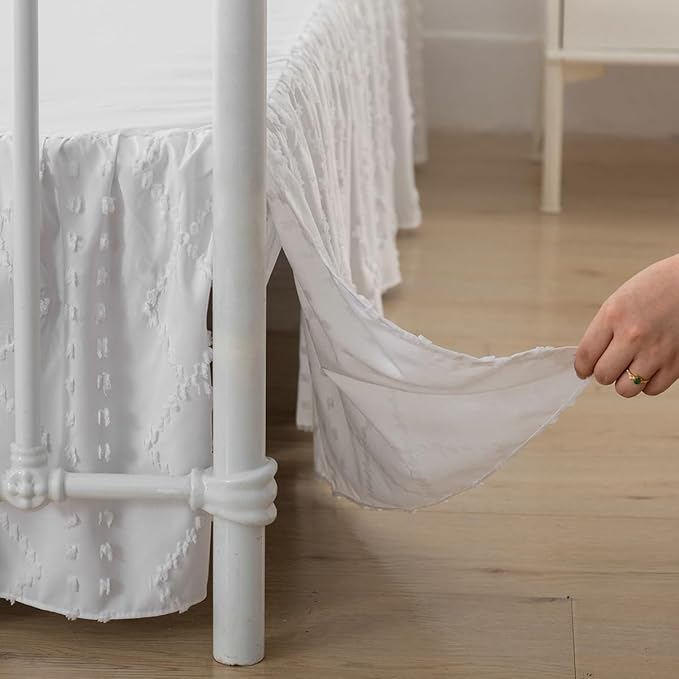 Bed Skirt King Size Ruffled Bed Skirt with Split Corners, 16 Inch Drop Dust Ruffle Bed Skirts with Platform, Boho Tufted Shabby Chic Full Size Bed Skirts, White