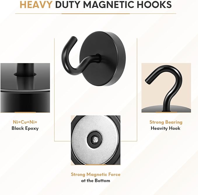 Neosmuk Magnetic Hooks, Cruise Ship Essentials, 120lb+ Heavy Duty Magnetic Hooks for Cruise Cabins, Refrigerator, Grill, Hanging, and Travel | Extra Strong Must-Haves Magnet Hook,Black, Pack of 10