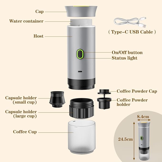 Lmozim Portable Espresso Maker, Travel Coffee Maker for camping, Portable Espresso Machine with USB-C, 3-in-1 Small Espresso Machine with Ground Coffee & Capsules (NS＆DG) for RV, Hiking