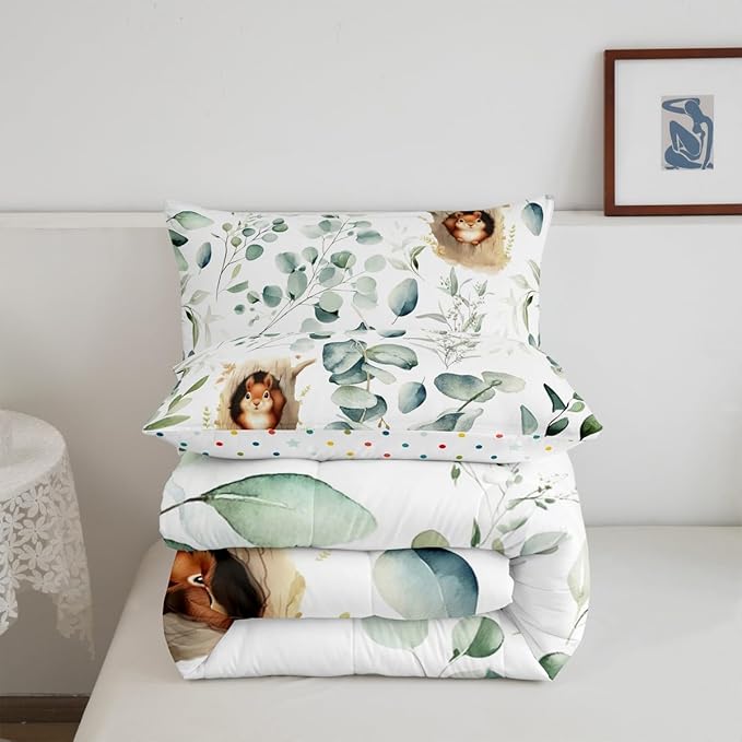 Erosebridal Kawaii Squirrel Bedding Toddler Size for Boys Girls Cartoon Animal Comforter Set, Eucalyptus Leaves Duvet Insert Jungle Wildlife Quilt Comforter, Tropical Plants Bedding Comforters & Sets