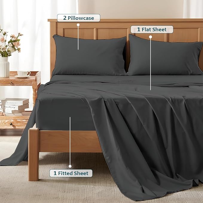 Deep Pocket King Sheets Set - Luxury 338 Thread Count Sateen, 100% Cotton Sheets with All Around Elastic for a, Hotel Quality Bedding Set (Dark Grey Solid)