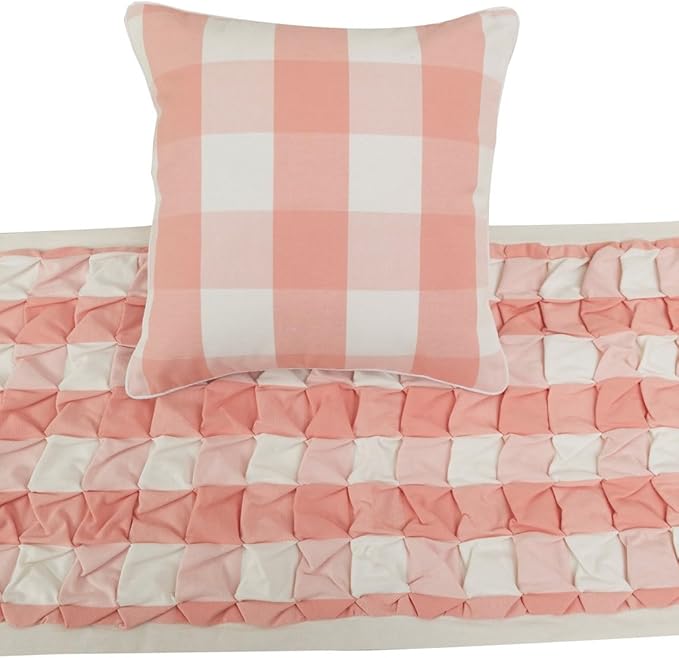 The HomeCentric King/Queen/Twin Peach Pink Decorative CA King 86"x18" Bed Runner with Pillow Cover, Textured & Buffalo Checks Bed Scarf on Cotton Fabric - Buffalo Plaid Peach