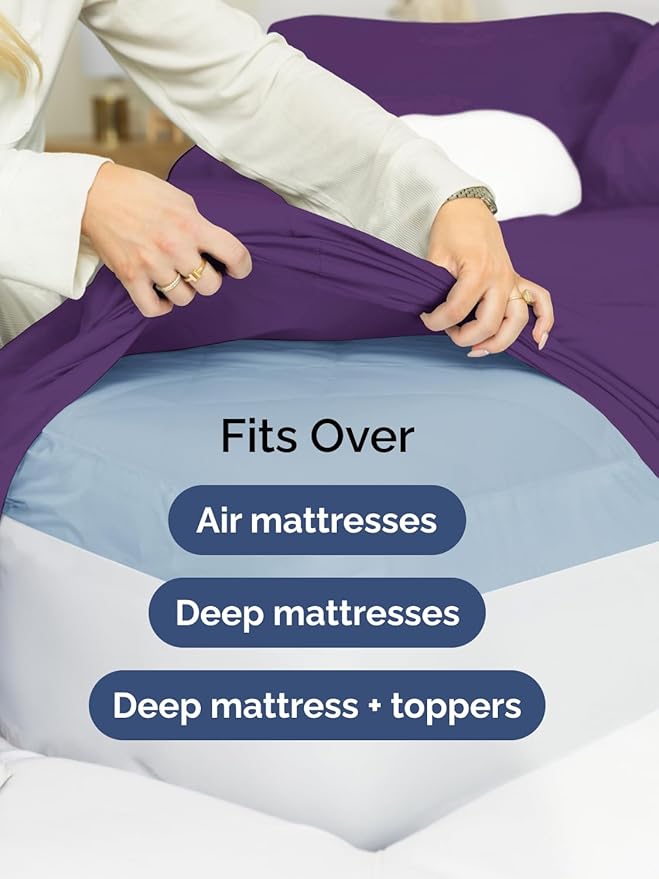 Extra Deep Full Fitted Sheet - Hotel Luxury Single Fitted Sheet Only - Easily Fits 18 inch to 24 inch Mattress - Ultra Soft, Wrinkle Free w/Extra Deep Pockets - Easy-Care, Breathable & Comfy - Purple