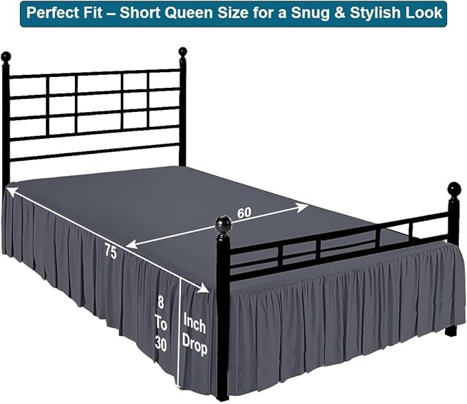 Shreem Linen Ruffled Bed Skirt with Split Corners, Gathered Style, 100% Microfiber, 21-Inch Drop, Dust Ruffle Bedskirt with Platform, Short Queen, Dark Grey