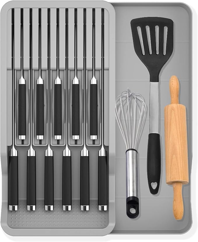 Mulikeer Drawer Knife Organizers Insert with Expandable Tray for 11 Knives