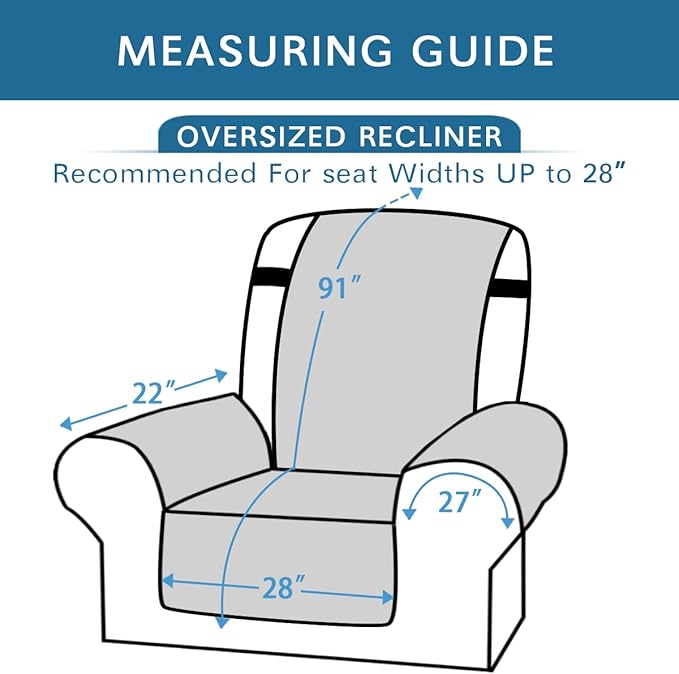 H.VERSAILTEX Reversible Quilted Recliner Covers Water Resistant Furniture Protector for Reclienr Chair with Elastic Straps for Pets Kids Sitting Width Up to 28"(Oversized Recliner, Black/Grey)