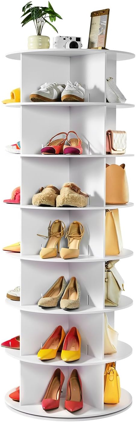 VEVOR 7 Tiers Rotating Shoe Rack Tower, 360° Spinning Shoe Rack, Revolving Storage Round Carousel Display, Freestanding Lazy Susan Organizer Display for Bedroom, Living Room, Entryway, Closet, White