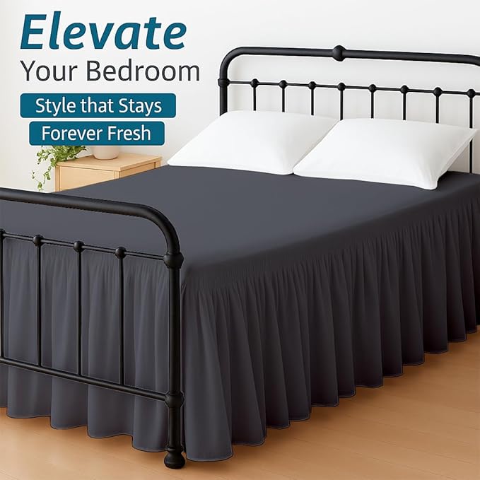 Shreem Linen Ruffled Bed Skirt with Split Corners, Gathered Style, 100% Microfiber, 12-Inch Drop, Dust Ruffle Bedskirt with Platform, Twin-XL, Dark Grey