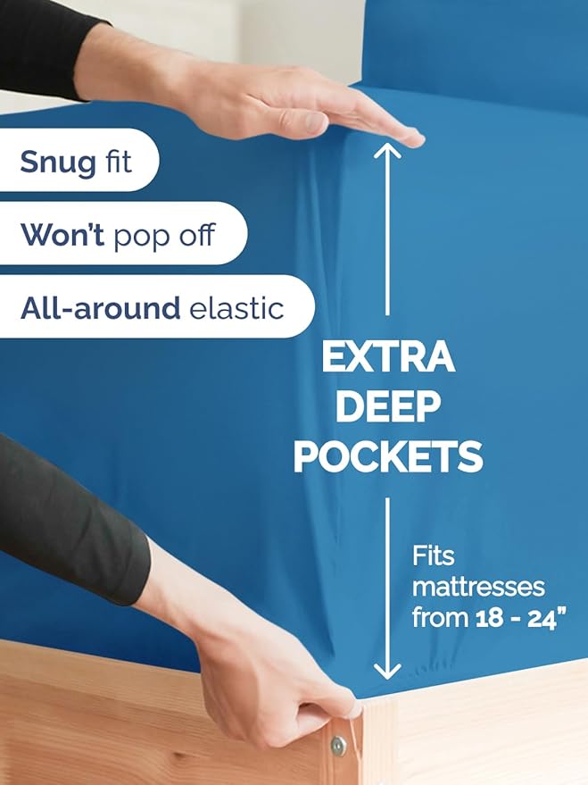 Extra Deep Pocket Split King Sheets - 5 Piece Breathable & Cooling Bed Sheets - Hotel Luxury Bed Sheet Set - Soft, Wrinkle Free & Comfy - Easily Fits Extra Deep Mattresses - Denim Blue Sheets Set