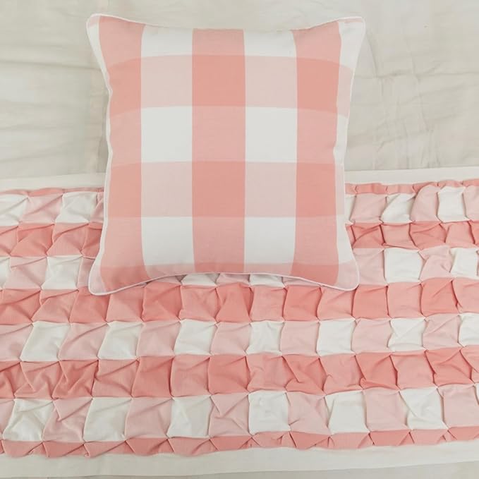 The HomeCentric King/Queen/Twin Peach Pink Decorative CA King 86"x18" Bed Runner with Pillow Cover, Textured & Buffalo Checks Bed Scarf on Cotton Fabric - Buffalo Plaid Peach
