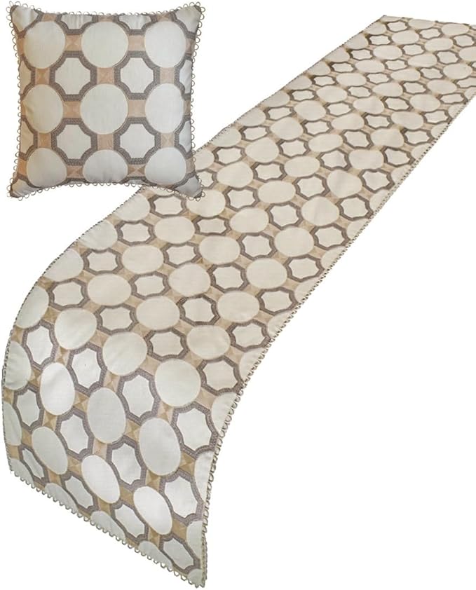 The HomeCentric King/Queen/Twin White, Beige & Grey Decorative CA King 86"x18" Bed Runner Without Pillow Cover, Embroidered, Bouclet & Lace Bed Scarf on Cotton Fabric - Threaded Geometry