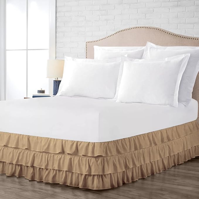Multi-Ruffle Bed Skirt, Soft Multi Elastic Dust Ruffles with Wrap Around Bed Skirt Easy Fit with 18 Inch Drop 100% Cotton 800 Thread Count (Full XL, Taupe)