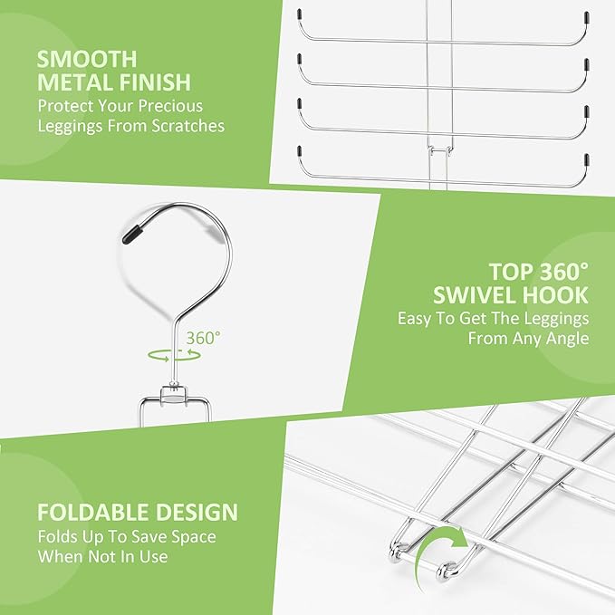 2 Pack Legging Hanger, Metal Hanging Legging Hangers for Closet Organizer Holds 40 Women's XS-XL & Girls' Leggings, 360° Rotating Foldable Yoga Pants Hangers Space Saving, Silver