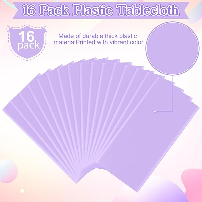 16 Pack Light Purple Plastic Tablecloth for Rectangle Tables, Premium Decorative Lavender Disposable Table Cloths for Parties, Rectangle Party Table Cover for Birthday Wedding Baby Shower, 54x108 Inch