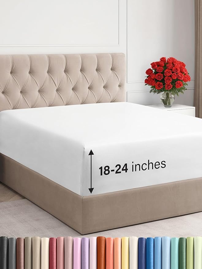 Extra Deep Cal King Fitted Sheet - Hotel Luxury Single Fitted Sheet Only - Easily Fits 18 inch to 24 inch Mattress - Ultra Soft, Wrinkle & Fade Free w/Extra Deep Pockets - Breathable & Comfy - White