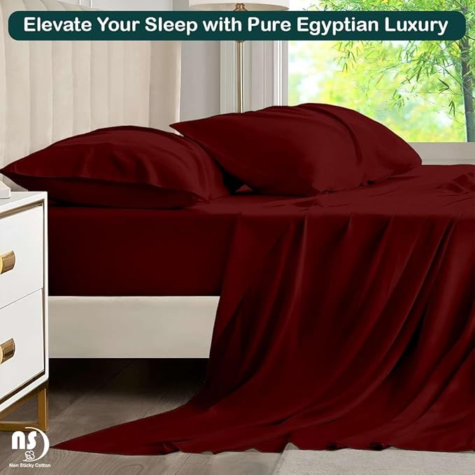 NON Sticky cotton Queen Size Sleeper Sofa Sheets, 4 Piece Egyptian Cotton Bed Sheet Set for Sofa Bed, 7" Deep Pocket for Pull Out Couch Mattress, 60" x 75", Burgundy Solid, Soft & Breathable