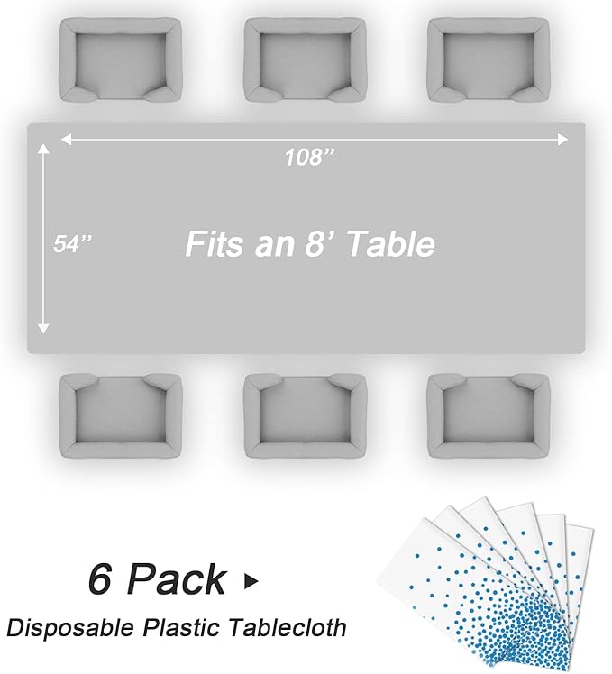 QIKSION 6 Pack White and Blue Dot Plastic Tablecloth, Waterproof Disposable Party Table Cloths for Baby Shower, Wedding, Anniversary, Birthday Party(54 × 108 Inch)