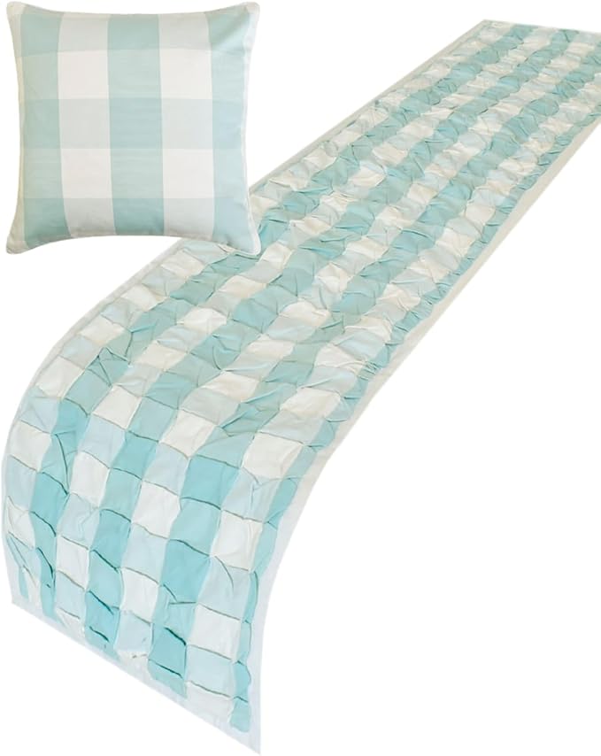 The HomeCentric King/Queen/Twin Aqua Decorative Bed Runner Full 68"x18" Bed Runner with One Pillow Cover, Checkered, Buffalo Plaid, Check Bed Scarf on Cotton Fabric - Aqua Plaid Knots