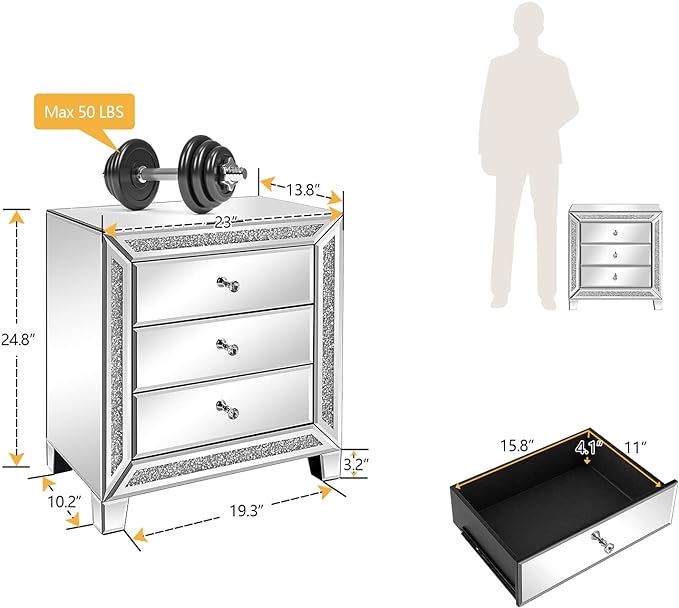 VINGLI Mirrored Nightstand Glass End Table, Mirrored Bedside Table
