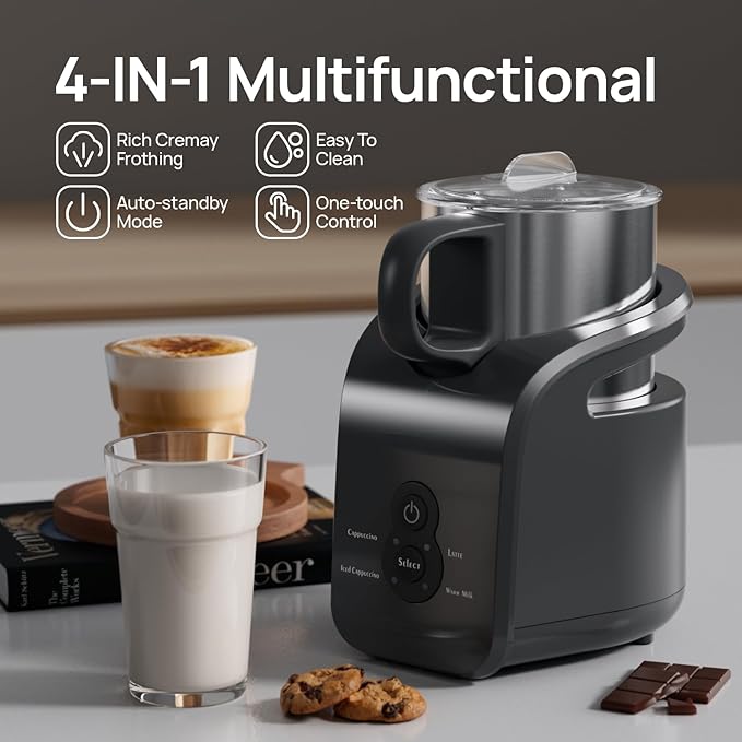 4-in-1 Milk Frother - Electric Steamer, Automatic Warm & Cold Cappuccino Foam Maker, 12.5oz Milk Warmer for Latte, Macchiato, Stainless Steel