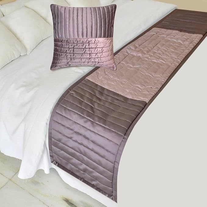 The HomeCentric King/Queen/Twin Purple Luxury Twin 53"x18" Bed Runner with One Pillow Cover, Patchwork, Quilted, Striped Bed Scarf on Satin Fabric - Plum Radiance
