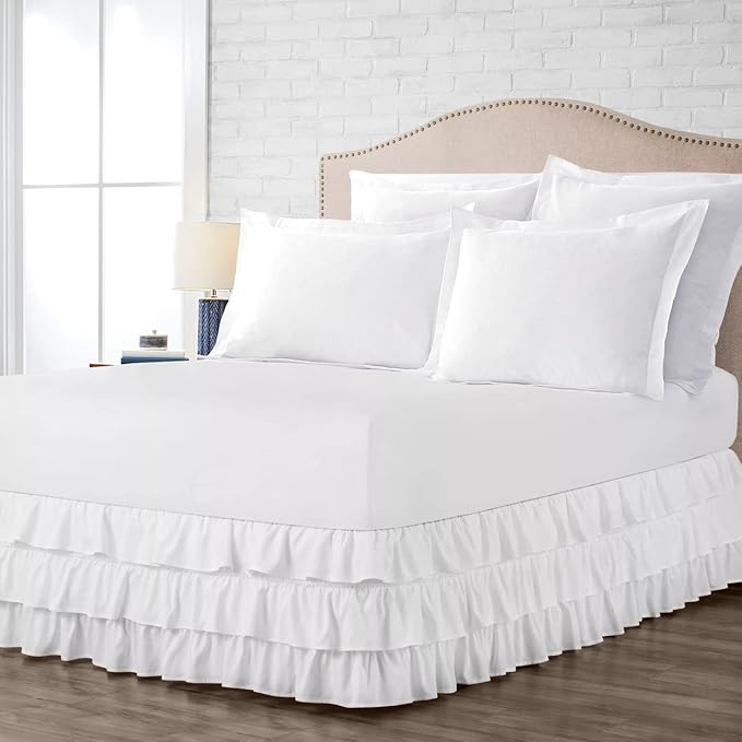 Multi-Ruffle Bed Skirt, Soft Multi Ruffle Bed Skirt Elastic Dust Ruffles with Wrap Around Bed Skirt Easy Fit with 18 Inch Drop 100% Cotton 800 Thread Count Bed Skirt (RV Bunk 42X80, White)