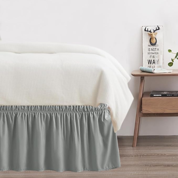 Twin Bed Skirt, Elastic Wrap Around Bed Skirt Twin Size, Bed Skirts for Adjustable Bed, Easy Fit with 18" Drop Length Tailored Drop Dust Ruffle (Drey)
