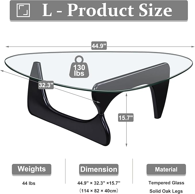 Modern Glass Coffee Table, 44.9"×32.3"×15.8" Triangle Center Table