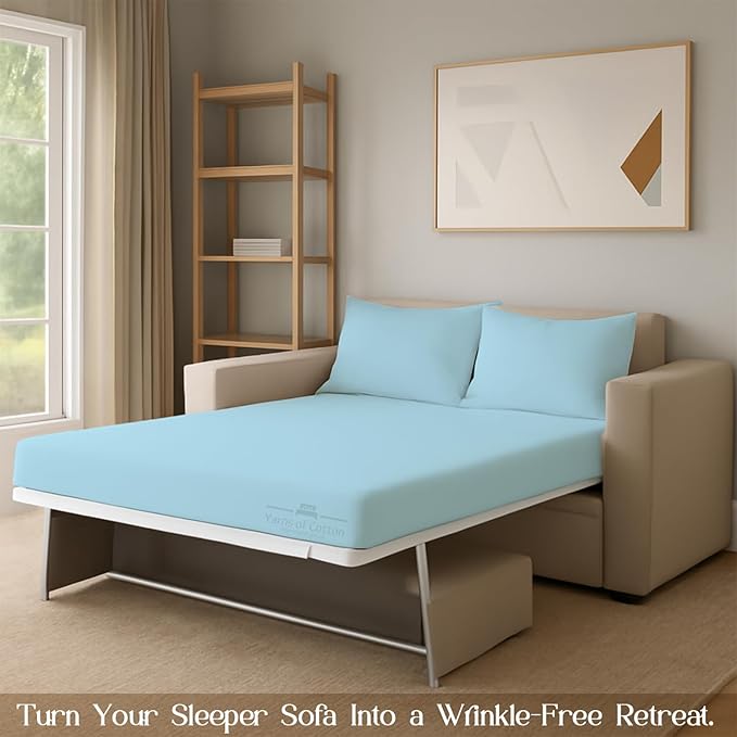 Sleeper Sofa 4 Piece Bed Sheet Set Premium Quality 100% Cotton 500 Thread Count, Smooth & Super Soft Sateen Weave, Extra Soft Bed Sheets, Wrinkle Free, 4 Inch Deep Pocket (Queen, Light Blue)