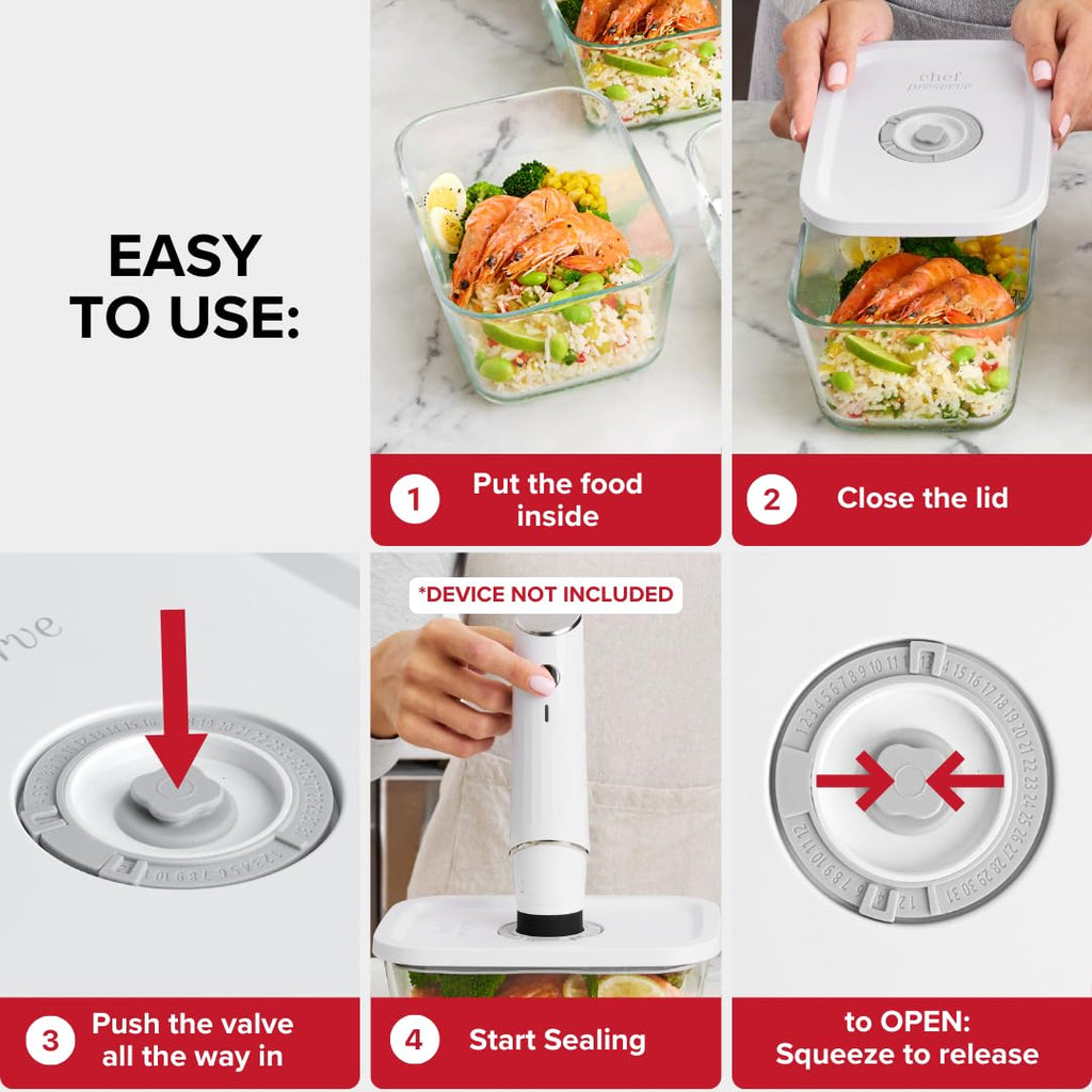 Chef Preserve Glass Vacuum Seal Containers for Food Storage, Made For Compact Vacuum Sealer, 3pcs set [1x Small, 1x Medium, 1x Large] Works With Handheld Vacuum Sealer Machine