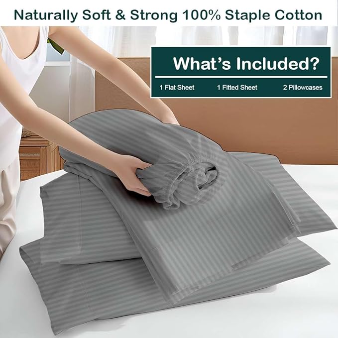 NON Sticky cotton Queen Size Sleeper Sofa Sheets, 4 Piece Egyptian Cotton Bed Sheet Set for Sofa Bed, 10" Deep Pocket for Pull Out Couch Mattress, 60" x 75", Light Grey Stripe, Soft & Breathable