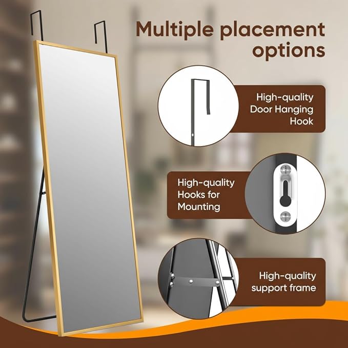 Antok 58''x 20'' Full Length Mirror Over Door, 4-in-1 Standing Leaning Wall Mounted, Adjustable Hanging Mirror for Bedroom Living Room, Gold, Rect Corner